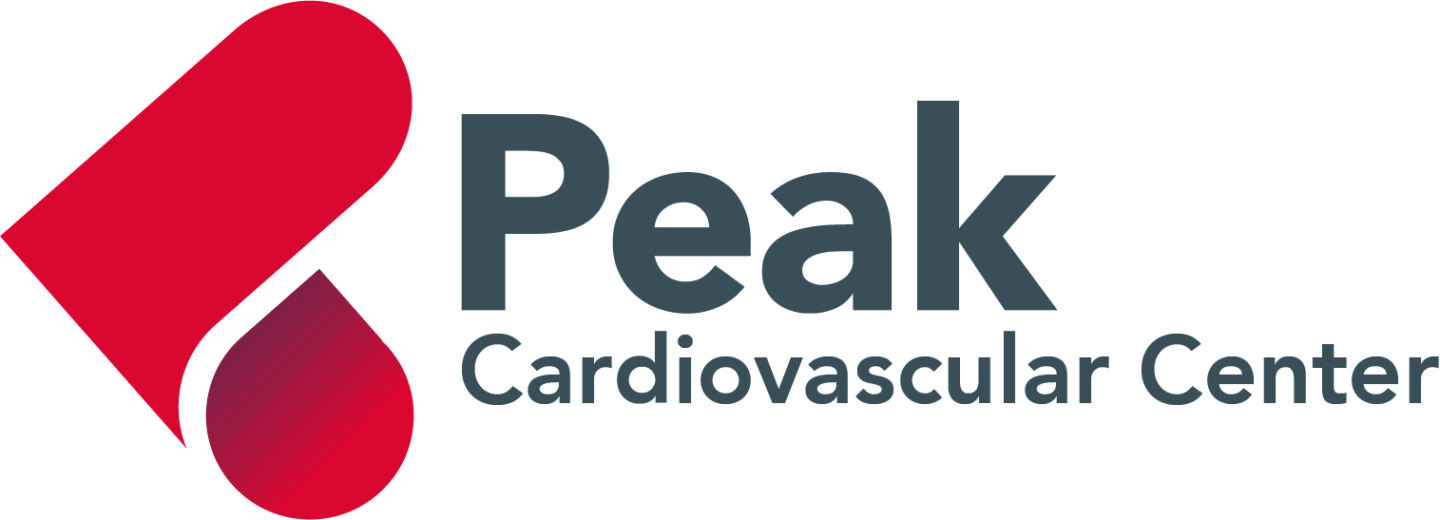 Peak Cardiovascular Center logo with red heart shape, bold gray text, symbolizing heart health.