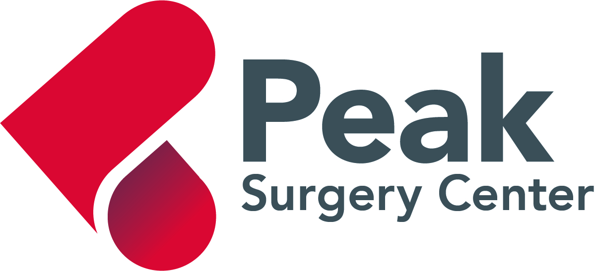 Peak Surgery Center logo featuring a red droplet and gray text representing medical precision and professionalism.
