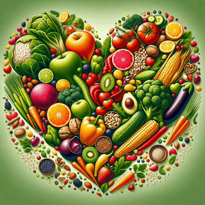 Heart-shaped display of colorful fruits and vegetables promoting heart health.